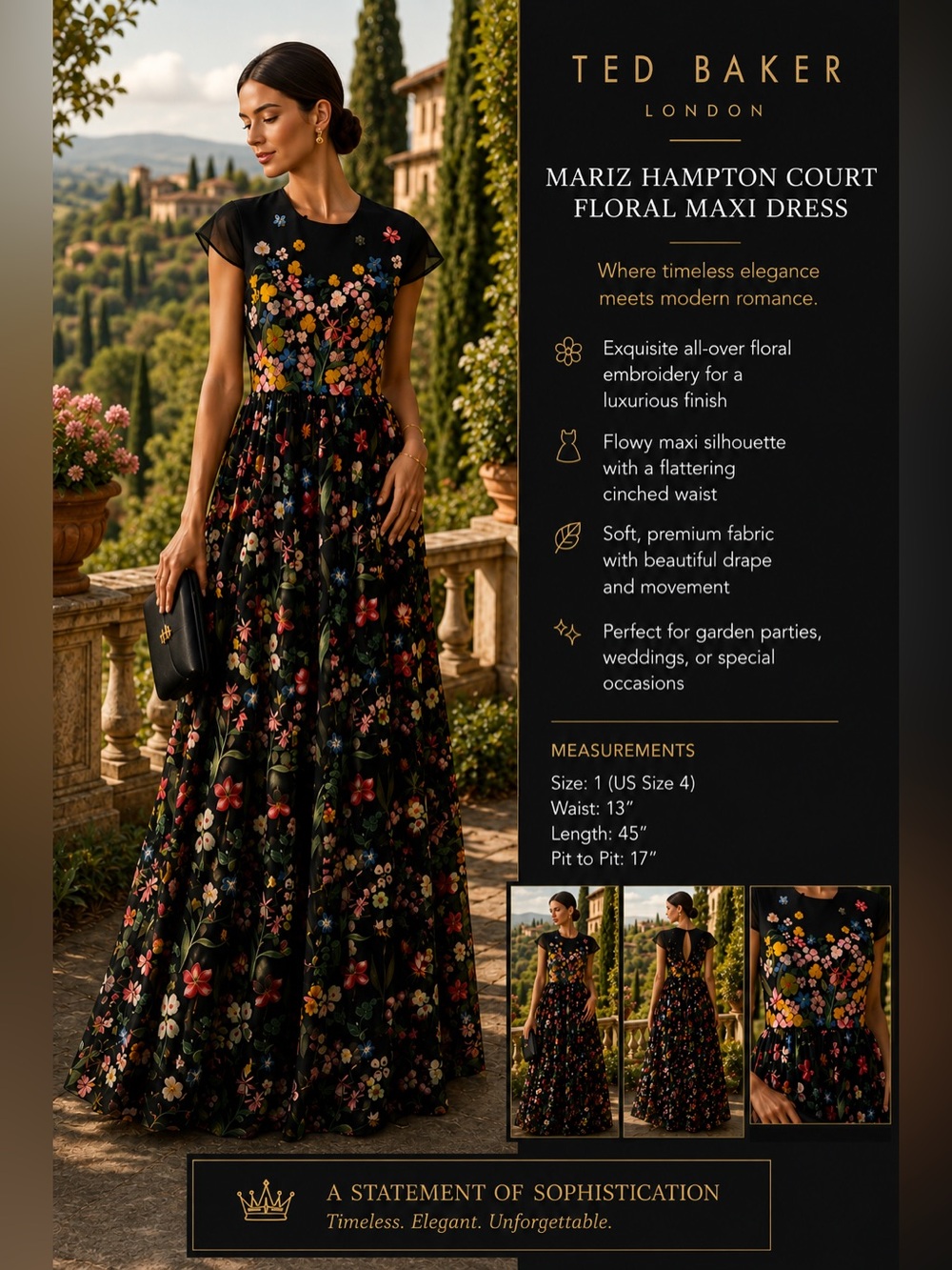 Ted Baker Black Floral Embroidered Maxi Dress with Multicolor Blooms